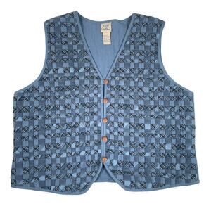 Vintage Womens Large Blue Patch Woven Plaid Cotton Vest